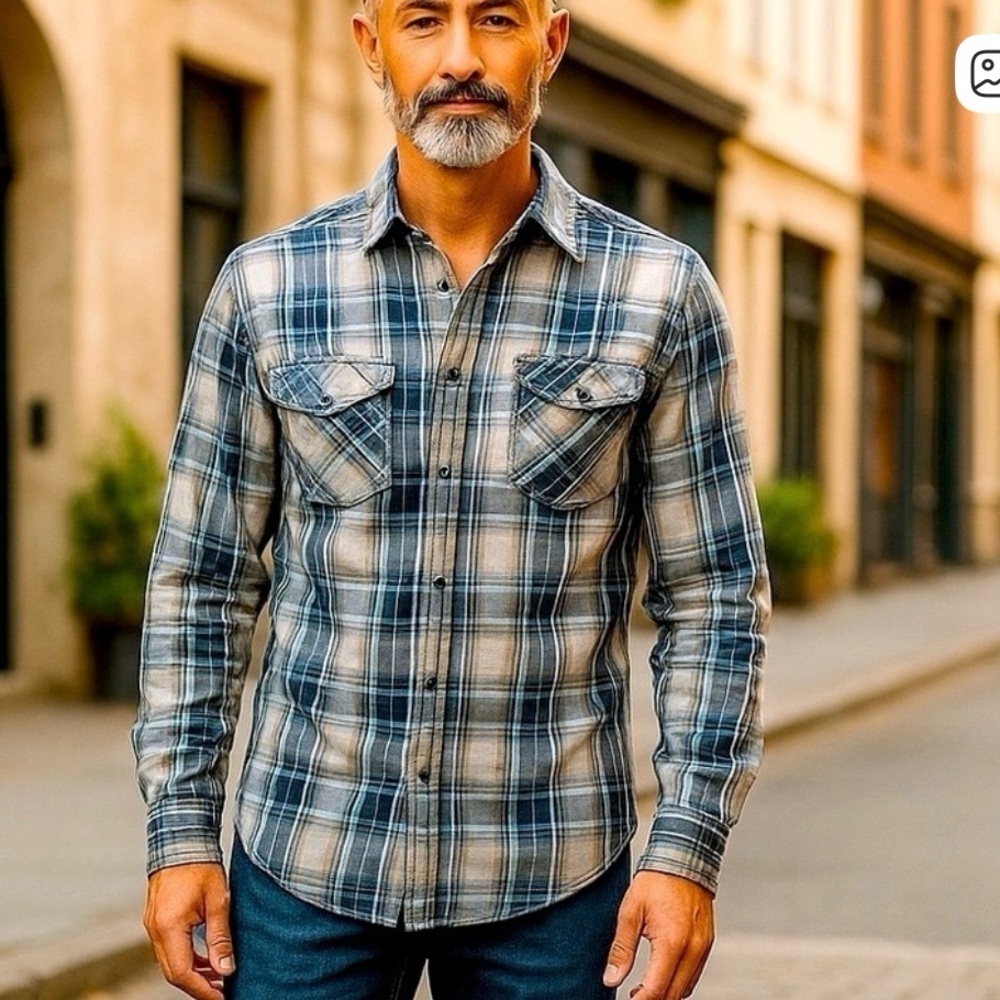 📌 No Boundaries Blue Gray Plaid Snap Front Shirt Men’s S 34/36 Tapered Casual